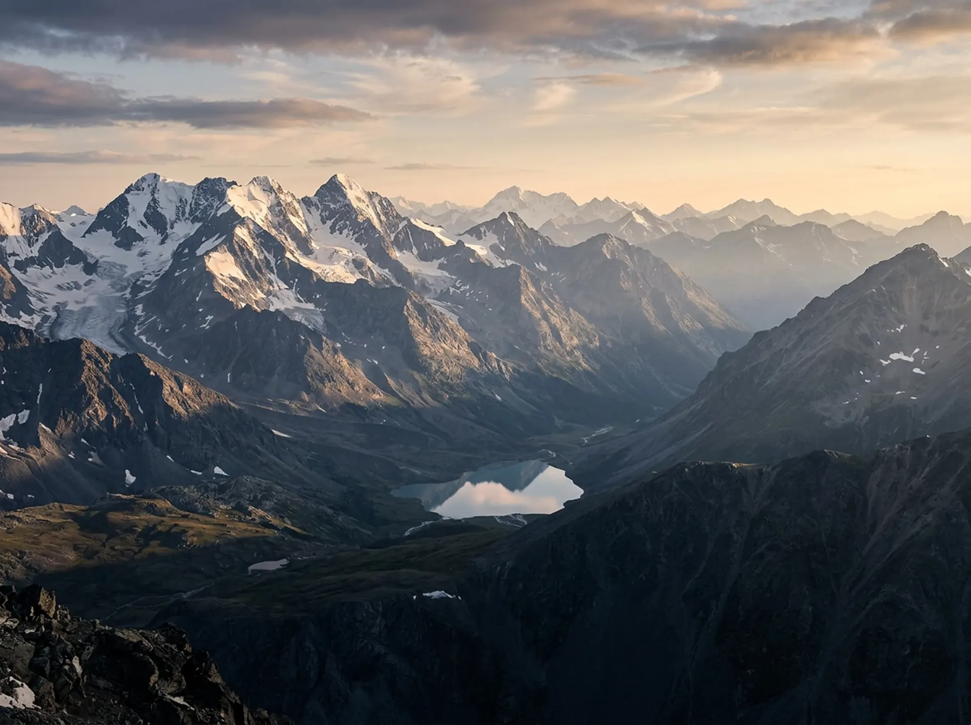 Weites Bergpanorama im warmen Morgenlicht mit einem See im Tal